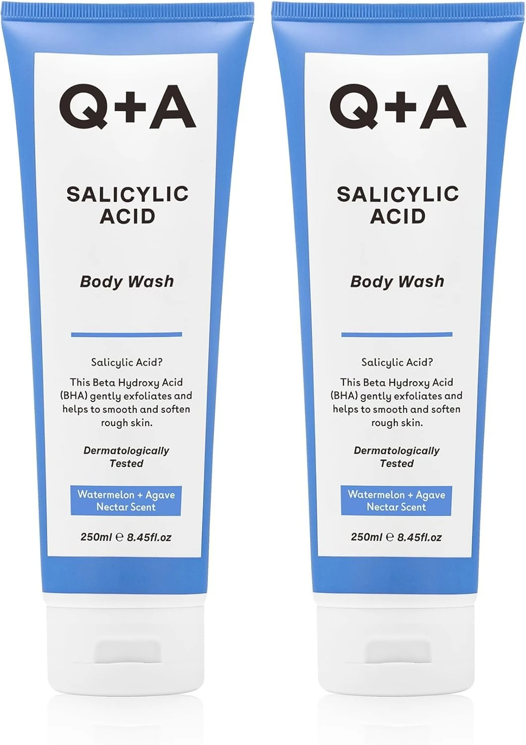 Q+A Salicylic Acid Body Wash (250ml x 2), Sensitive Shower Gel, Body Care, Shower Gel with Green Tea Extract and BHA, Gently Exfoliates, Smoothes, and Softens the skin