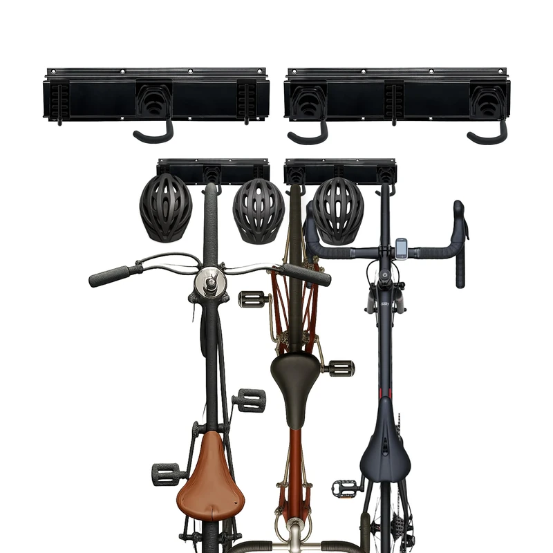 Relaxdays vertical bike wall mount, holds 6 bikes & helmets, adjustable hooks, rails, black