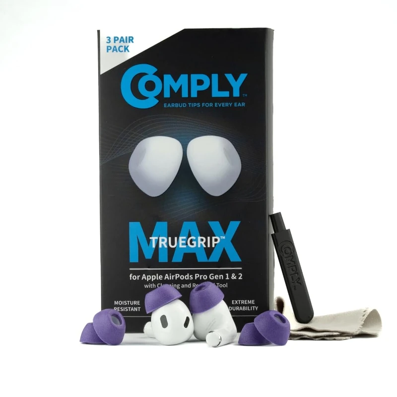 Comply TrueGrip MAX | Premium Memory Foam Replacement Earbud Tips for Apple AirPods Pro 1 & 2 | Long Lasting Comfort, MAX Durability, Secure Fit, Superior Noise Isolation| Purple (S/M/L) (3 Pairs) - Image 1