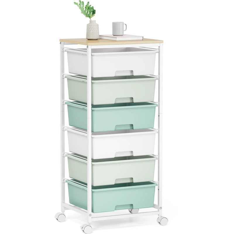 Rolling Storage Cart with 6 Drawers and Wooden Tabletop, Lockable Wheels Utility Cart for Art Studios, Office Supplies & Craft Room Organization (Green)