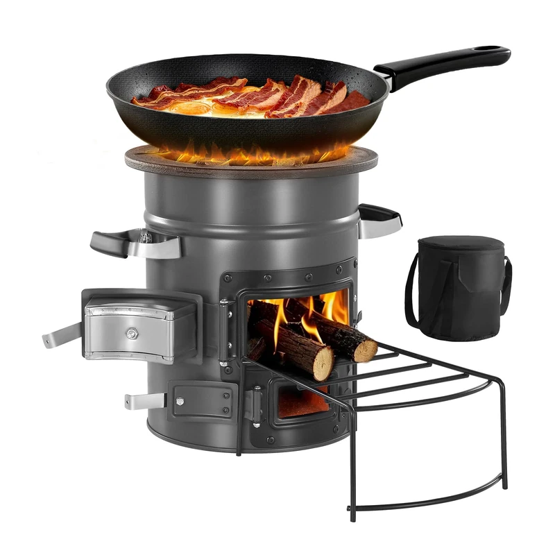 VEVOR Camping Rocket Stove, Wood Burning Portable Rocket Stove with Carrying Bag for Backpacking, SPCC Steel, Double Door, Burn Twigs, Sticks or Charcoals for Outdoor Cooking, Backyard, Camp Cooking