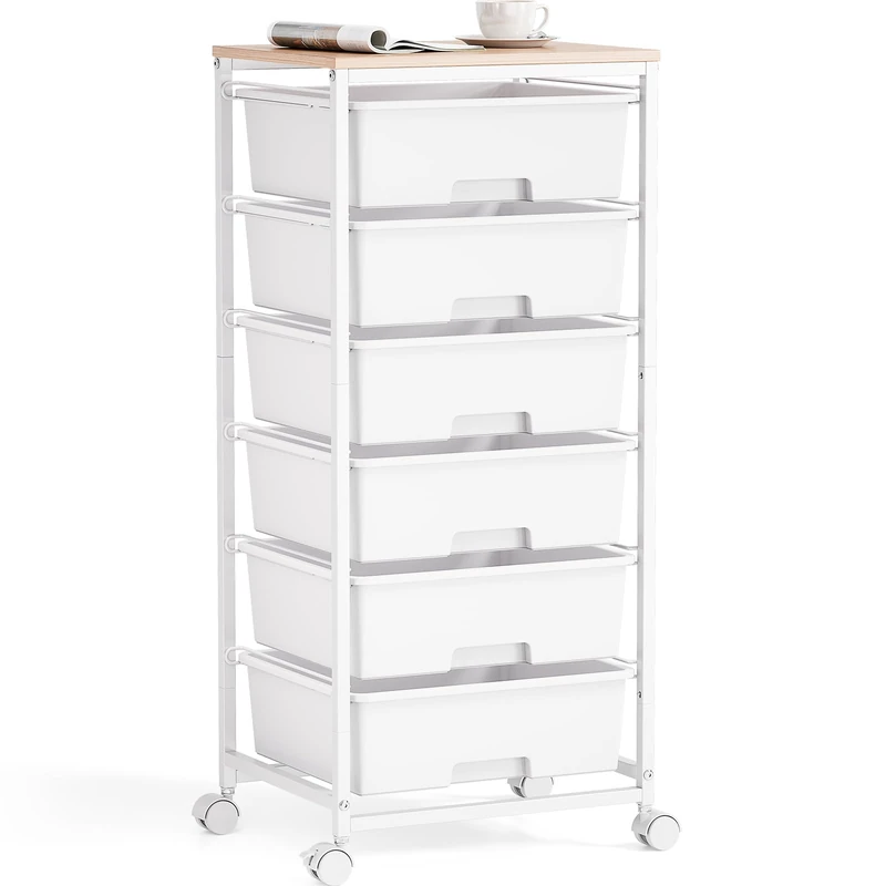 Rolling Storage Cart with 6 Drawers and Wooden Tabletop, Lockable Wheels Utility Cart for Art Studios, Office Supplies & Craft Room Organization (White)