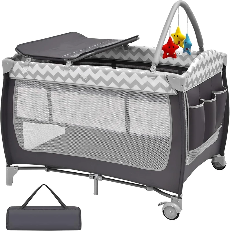 GYMAX Folding Travel Cot, 4 in 1 Baby Bed Playard (Grey)