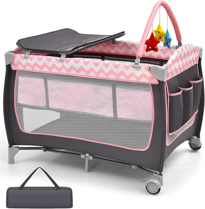 GYMAX Folding Travel Cot, 4 in 1 Portable Baby Bed Playard, Diaper Changer, Mattress, Hanging Toys, Storage Pockets & Carry Bag, Infant Bassinet Nursery Center for Newborn (Grey+Pink)