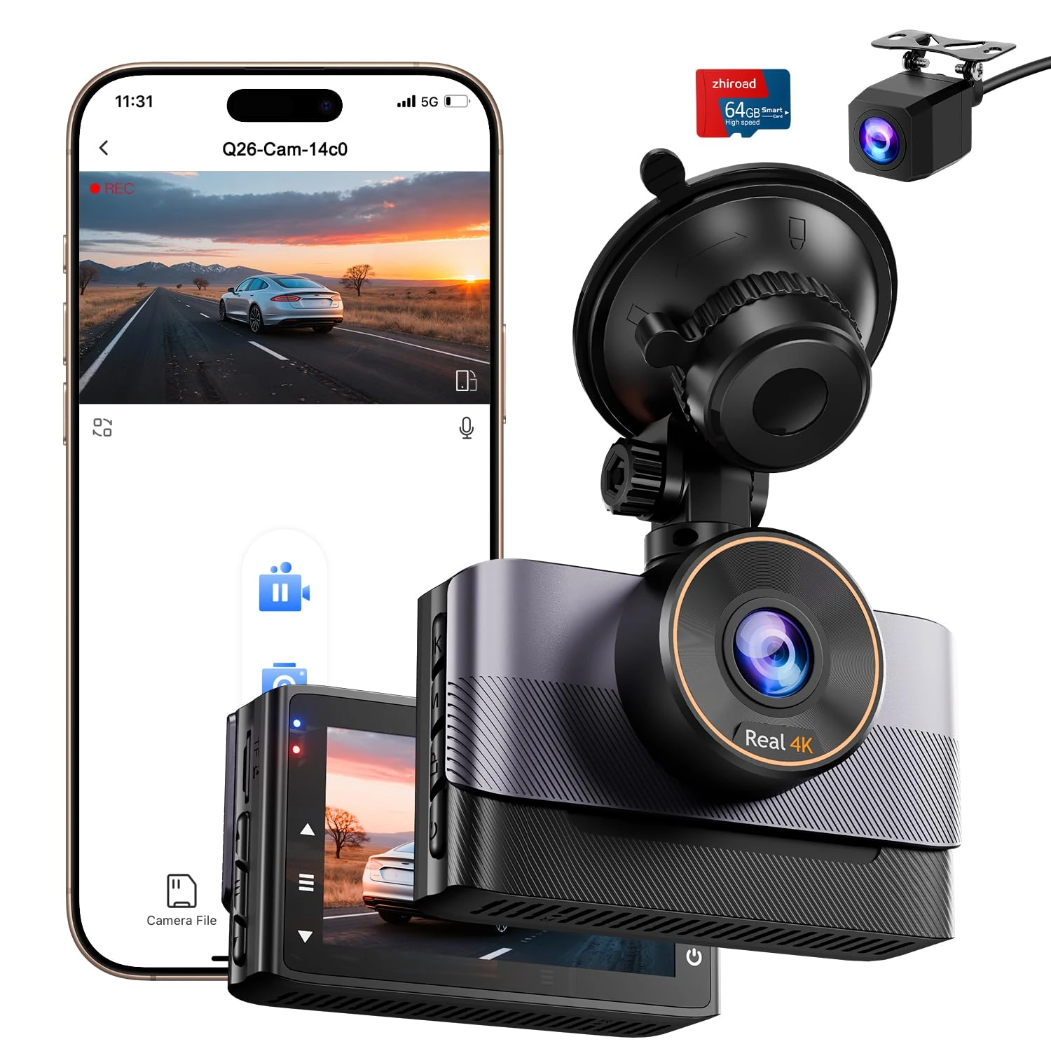 Dash Cam Front and Rear 4K+1080P, WiFi Dashcam with 64GB Card, 3" IPS Dash Camera for Cars, 24H Parking Mode, Super Night Vision, 170° Wide Angle, G-Sensor, Loop Recording, WDR, APP Control Car Camera