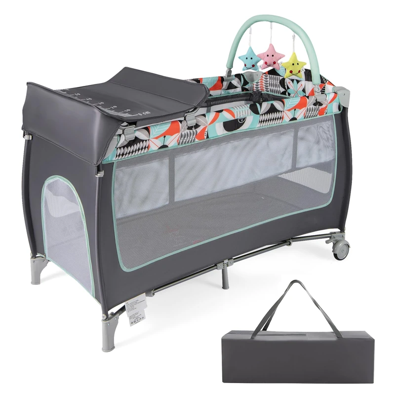 GYMAX Folding Travel Cot, 4 in 1 Baby Bed Playard (Grey+Blue)