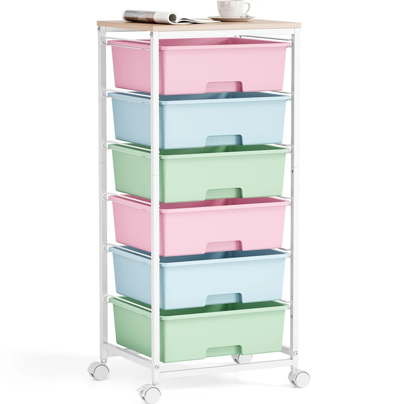 Rolling Storage Cart with 6 Drawers and Wooden Tabletop, Lockable Wheels Utility Cart for Art Studios, Office Supplies & Craft Room Organization (Rainbow) - Image 1
