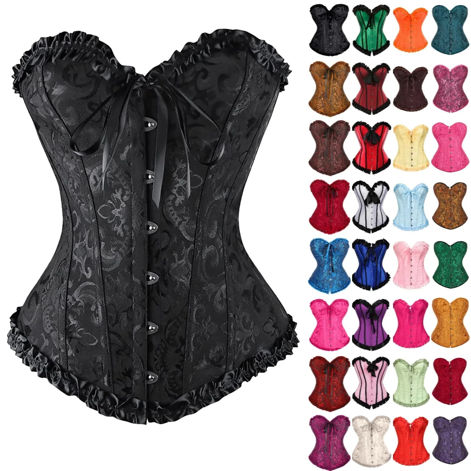 Black Corset Women UK Waist Trainer with Soft Steel Rod Boned Satin Bustier Basque Lingerie Overbust Sweetheart Lace Push Up Cinchers Gothic Steampunk Clothes Bridal Brocade Shapewear Bodysuit