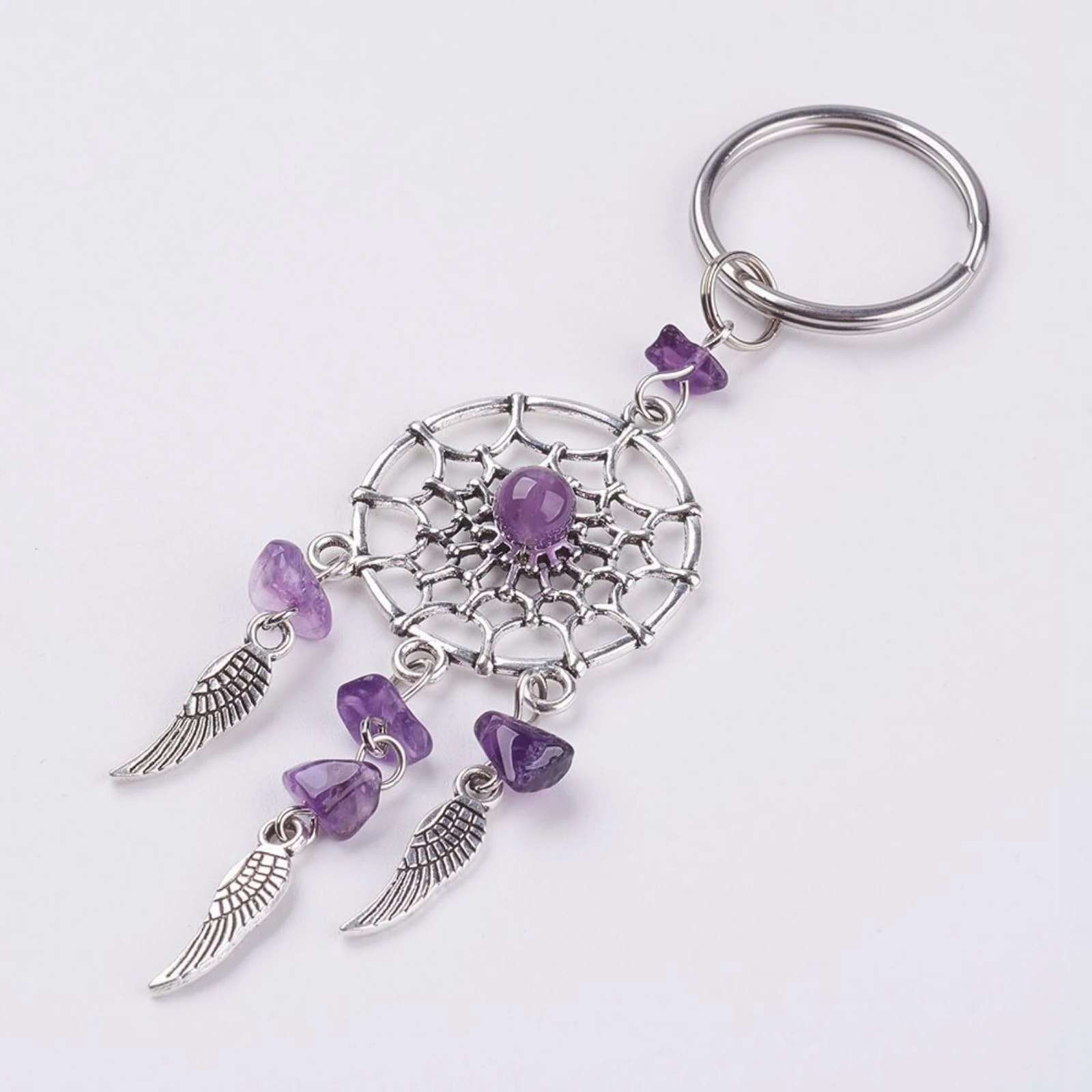 Dream Catcher Keychain - with Faux Crystal Chips & Tassel - Zinc Alloy, Fashionable Accessory for Men & Women, Purple, One size