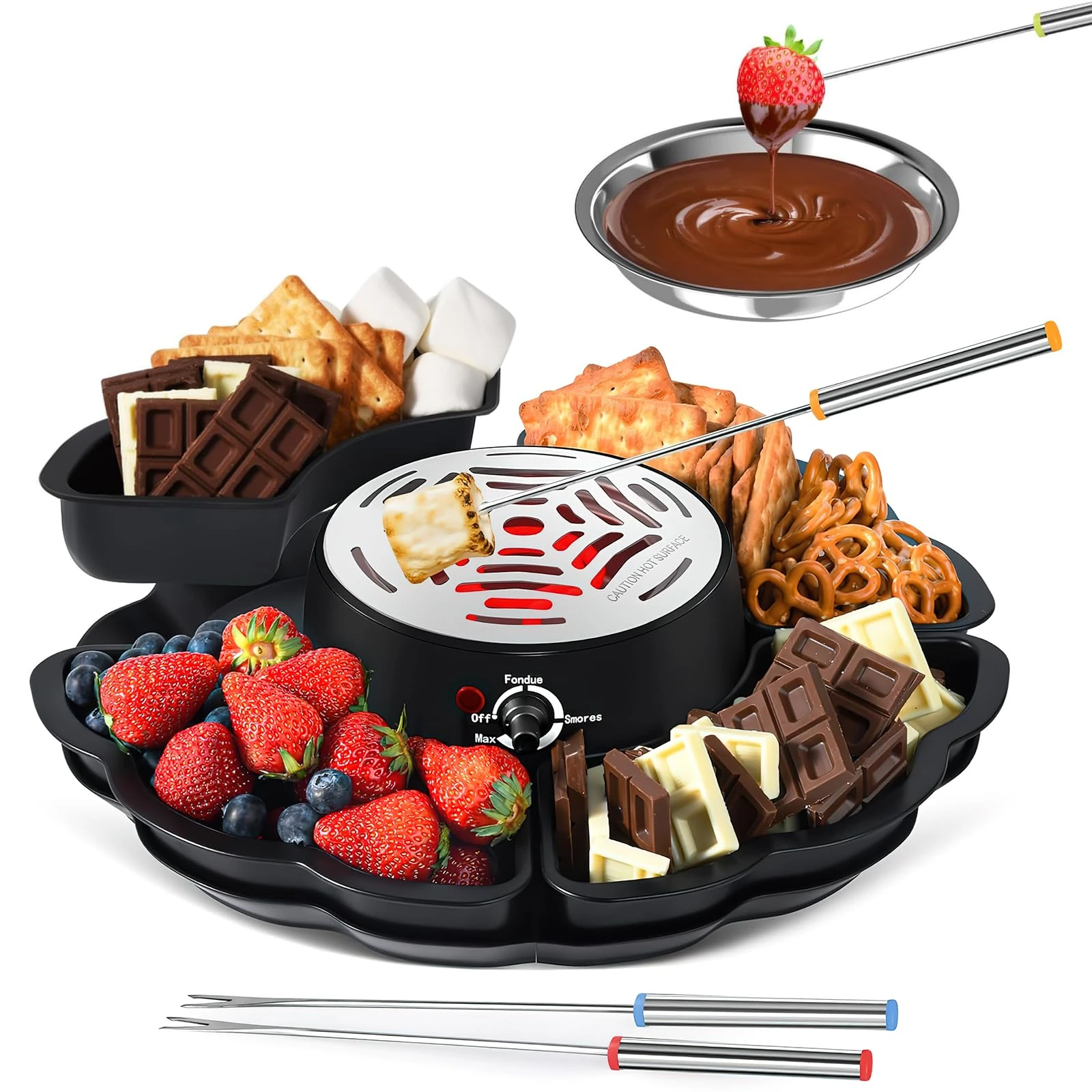 2 in 1 Electric S’mores Maker & Fondue Pot, Tabletop Indoor Smores kit with 4 Roasting Forks, 4 Detachable Trays & 1 Flameless Temperature-controlled Heater, Housewarming Christmas Gifts, Family Gifts