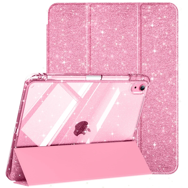 Lsmmpoba Case for iPad (A16) 11th Generation 11 Inch 2025, iPad 10th Generation 10.9 Inch 2022 with Pencil Holder, Hybrid Clear Back Shell Sparkly Cover, Auto Wake/Sleep, Pink