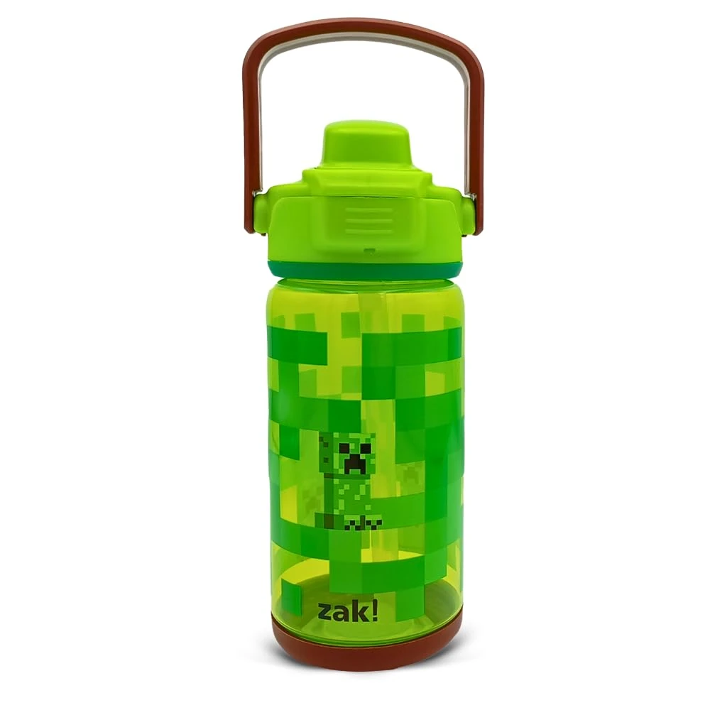 Minecraft Creeper Kids Water Bottle, 450ml Drinks Bottle + Push-Button Locking Lid + Leak-Proof Silicone Spout + Carry Handle -Easy to Clean – Green