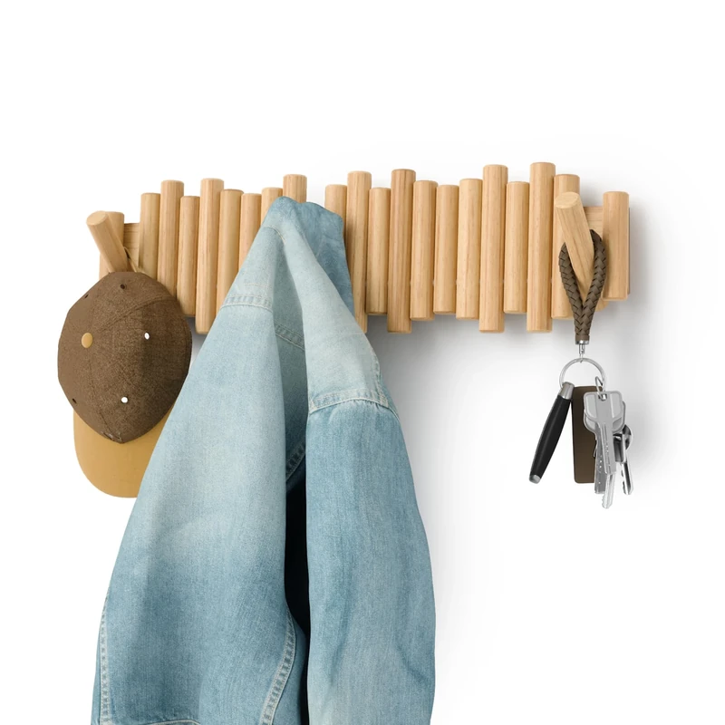 Umbra Picket Coat Rack with 8 Hooks – Natural Wall-Mounted Coat Rack with Flip-Down Wooden Hooks, Real Pine Wood Decorative Wall Storage for Jackets, Hats, Scarves, Bags, Entryway, Bedroom - Image 1