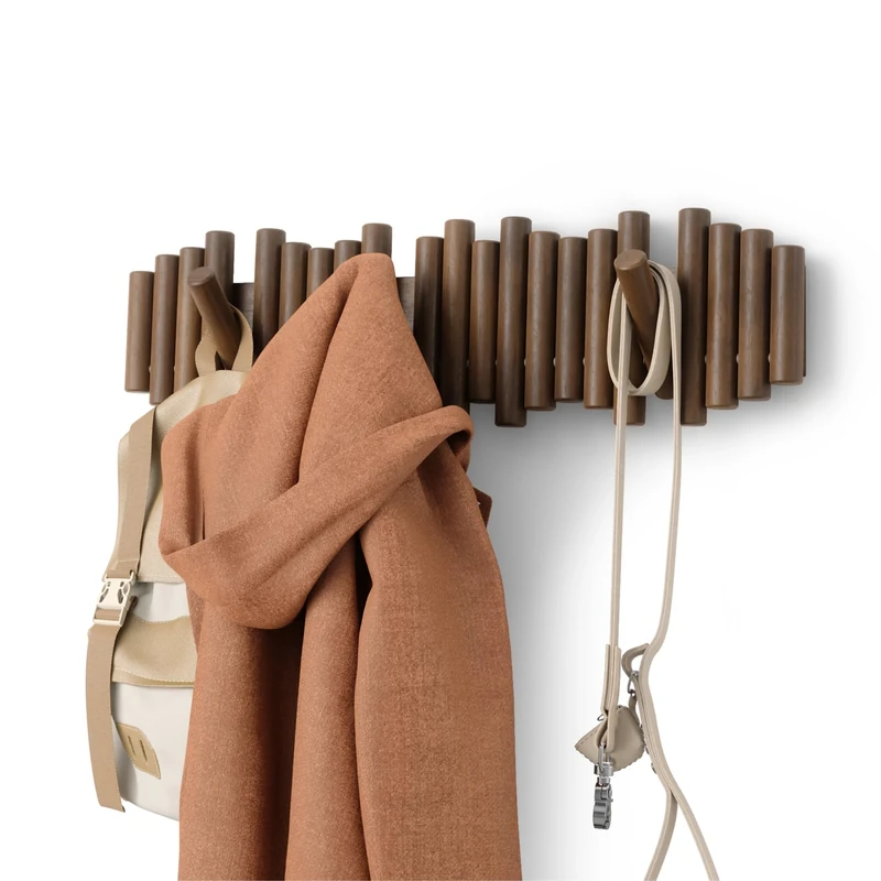 Umbra Picket Coat Rack with 8 Hooks – Walnut Wall-Mounted Coat Rack with Flip-Down Wooden Hooks, Real Pine Wood Decorative Wall Storage for Jackets, Hats, Scarves, Bags, Entryway, Bedroom Living Room - Image 1