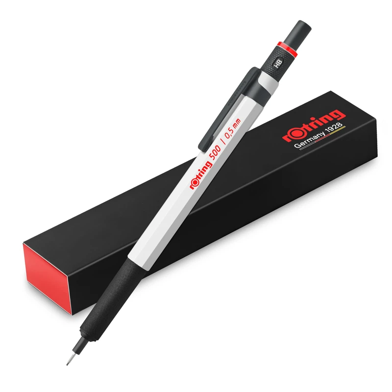 rOtring 500 Mechanical Pencil | 0.5mm HB Lead | White hexagonal plastic barrel and non-slip textured metal grip - Image 1