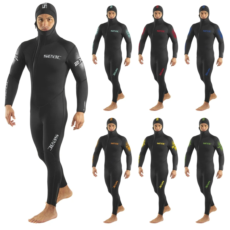 SEAC Liberty Long Man - One-Piece Men’s Wetsuit 5 mm with Integrated Hood – Durable Neoprene with Supratex Reinforcements on Knees, Shoulders and Back – Front and Ankle Zip – Colour-Coded Sizes