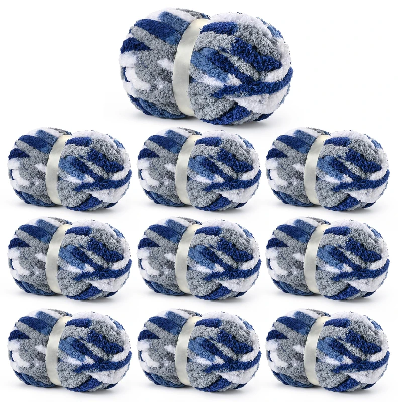10 Pack Fluffy Chunky Chenille Yarn for Crocheting, Jumbo Chunky Blanket Yarn for Hand Knitting, 240yds/70.5oz Super Bulky Variegated Baby Blanket Yarn(Blue-White)