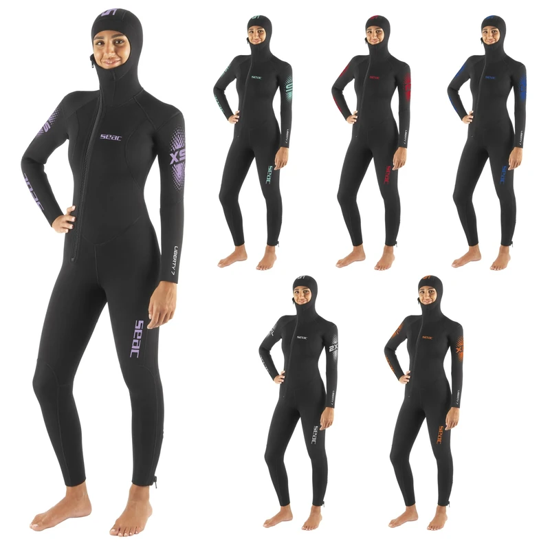 SEAC Liberty Long Lady - One-Piece Women’s Wetsuit 7 mm with Integrated Hood – Durable Neoprene with Supratex Reinforcements on Knees, Shoulders and Back – Front and Ankle Zip – Colour-Coded Sizes