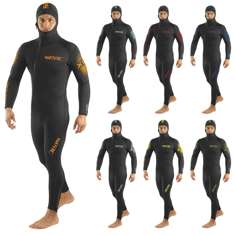 SEAC Liberty Long Man - One-Piece Men’s Wetsuit 7 mm with Integrated Hood – Durable Neoprene with Supratex Reinforcements on Knees, Shoulders and Back – Front and Ankle Zip – Colour-Coded Sizes