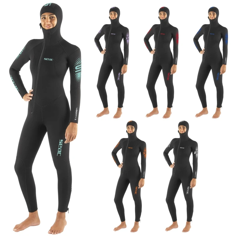 SEAC Liberty Long Lady - One-Piece Women’s Wetsuit 5 mm with Integrated Hood – Durable Neoprene with Supratex Reinforcements on Knees, Shoulders and Back – Front and Ankle Zip – Colour-Coded Sizes