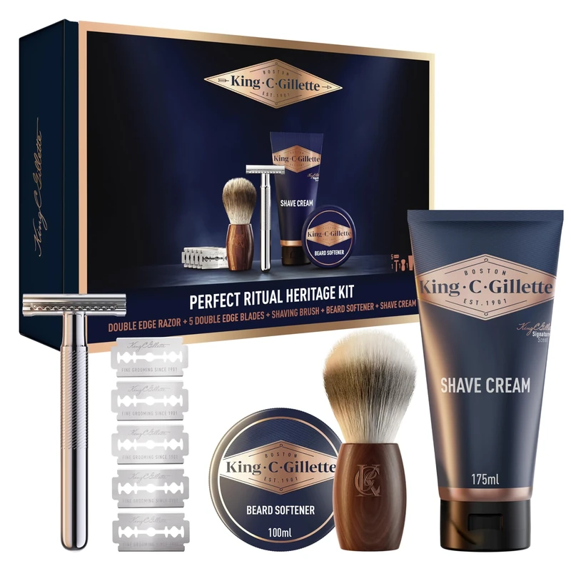 King C. Gillette Men's Double Edge Safety Razor Shaving Gift Set, Platinum Coated Blades, Shaving Brush, Beard Softener & Shave Cream, Wet Shave Kit for Precision & Grooming, Gift for Men