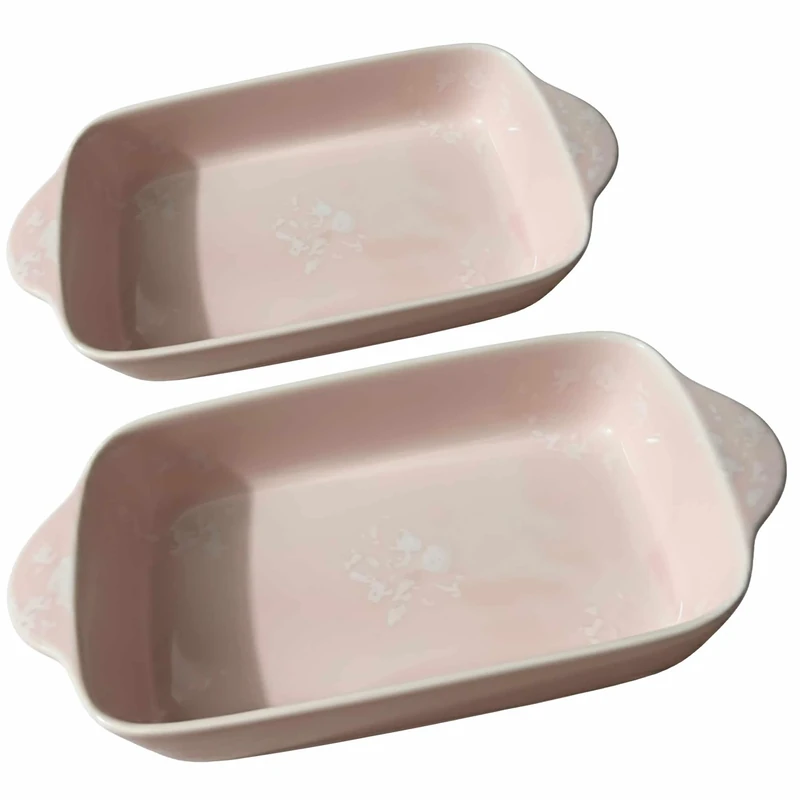Superyes Ceramic Baking Dish Set of 2, Oven to Table Ideal for Lasagne Pie Casserole Tapas, 25 cm and 23 cm Rectangular Dishes, Pink Reactive Glaze, Oven-Safe Stoneware with Handles