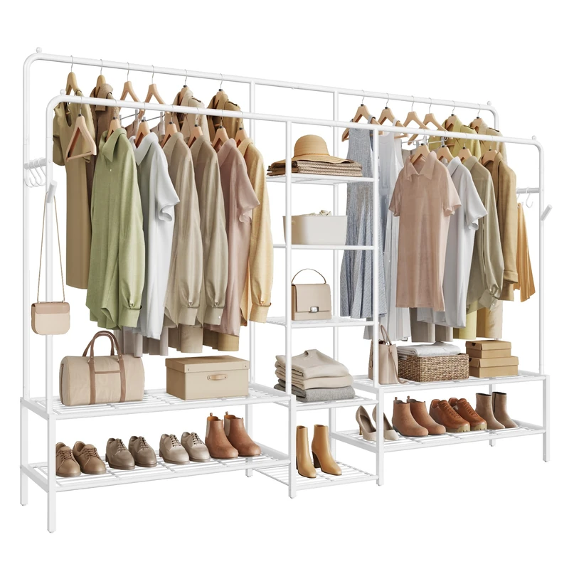 SONGMICS Clothes Rack, Open Wardrobe, Metal Coat Rack with 9 Shelves, Hanging Rods, for Bedroom, Living Room, Hallway, White HSR183WG01