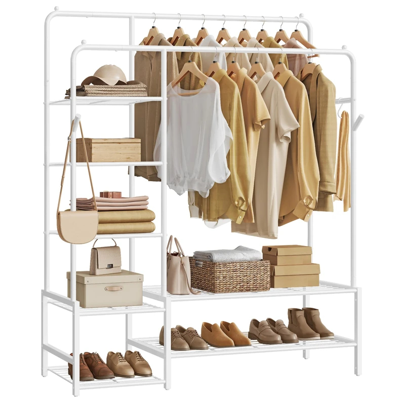 SONGMICS Clothes Rack, Open Wardrobe, Metal Coat Rack with 7 Shelves, Hanging Rods, for Bedroom, Living Room, Hallway, White HSR182WG01