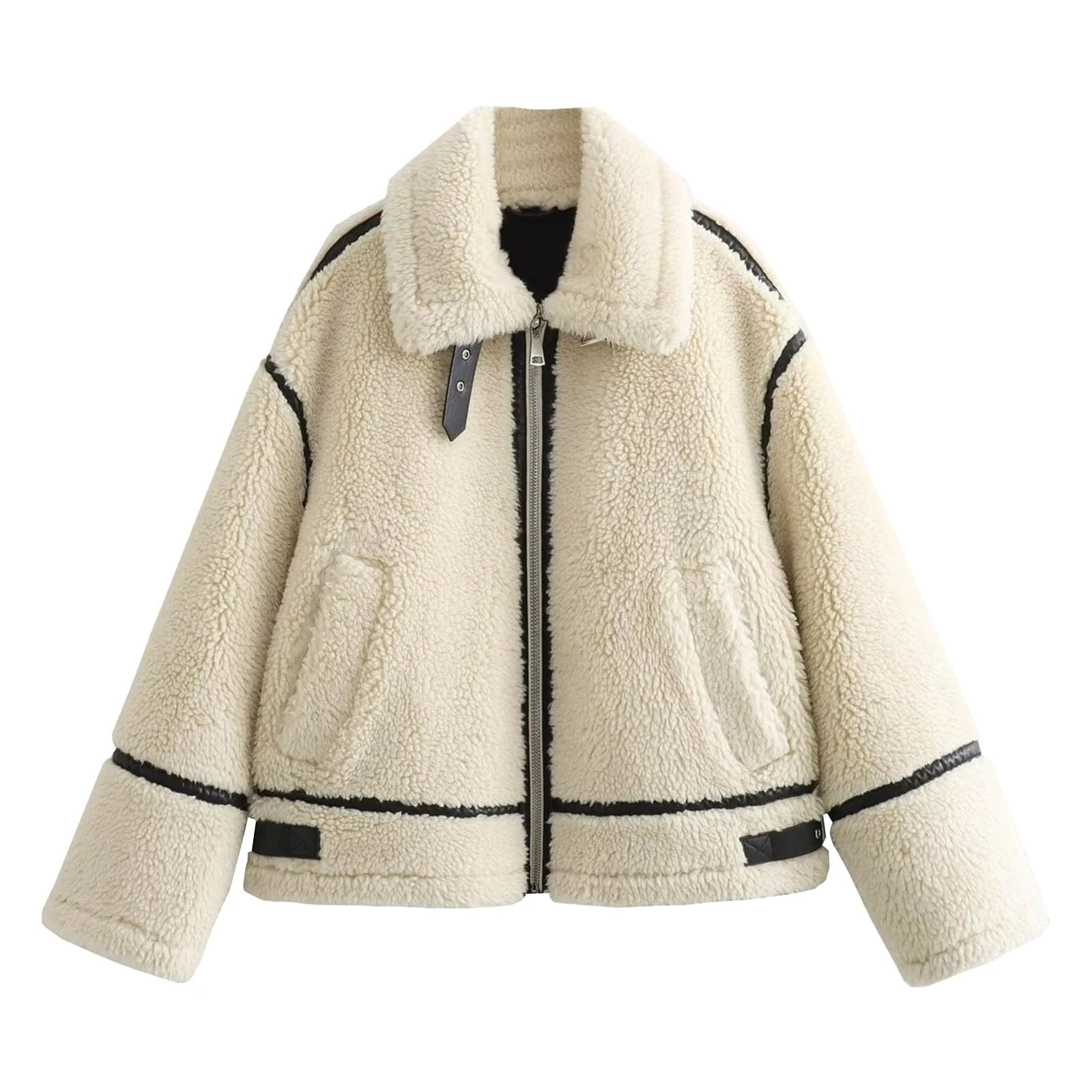 Womens Faux Fur Jackets Winter Trendy Fuzzy Oversized Sherpa Leather Patchwork Jacket Lapel Zip Up Coat Outfits