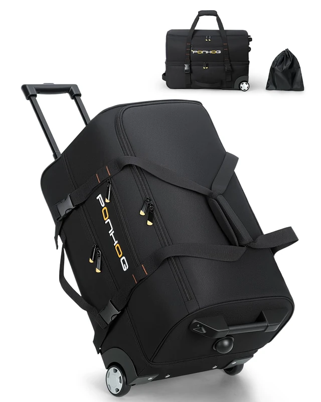 Ponhog 21 Inch Expandable Wheeled Duffle Bag, 40-50L Travel Holdall Bag with Wheels,Water Resistant for Overnight Trip Weekender, Black(55x33x31cm to 55x39x31cm)
