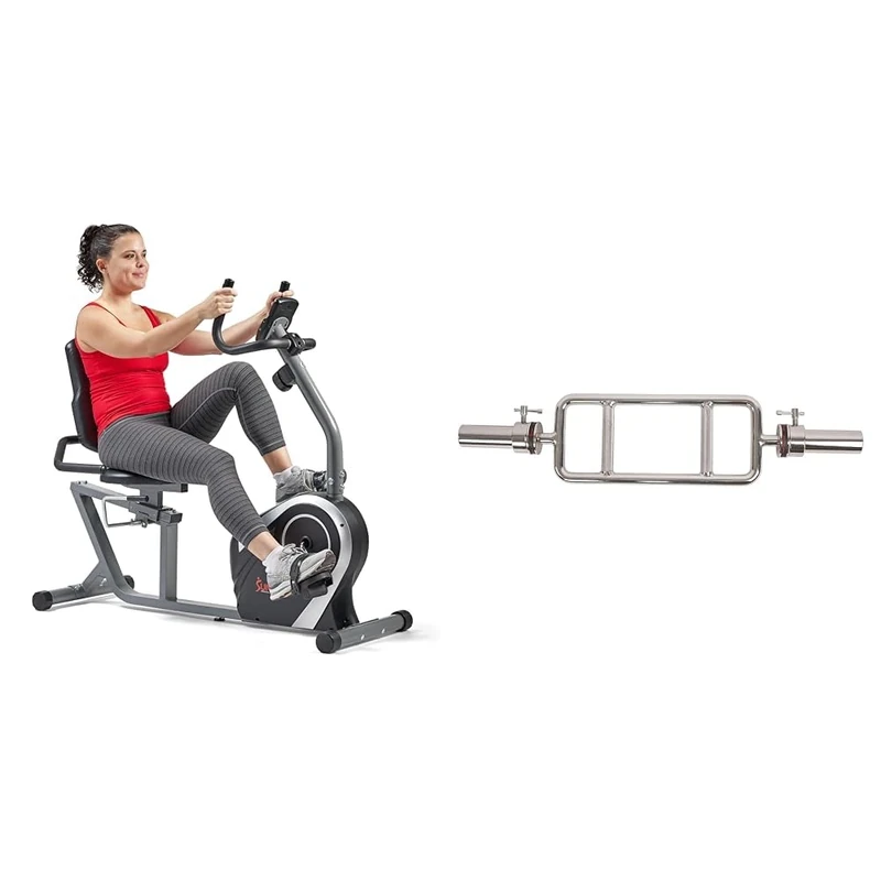 Sunny Health & Fitness Exercise Bikes, Magnetic Recumbent Bike + 86 cm Olympic Triceps Bar with Ring Collars, Olympic Weight for Weightlifting and Bodybuilding