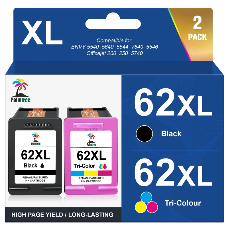Palmtree 62XL Ink Cartridges Combo Pack Replacement for HP 62 Ink Cartridges Black and Colour for HP OfficeJet 250 200 5740 5742 Envy 5540 5640 5546 5544 7640 5644 5541 5646 5542