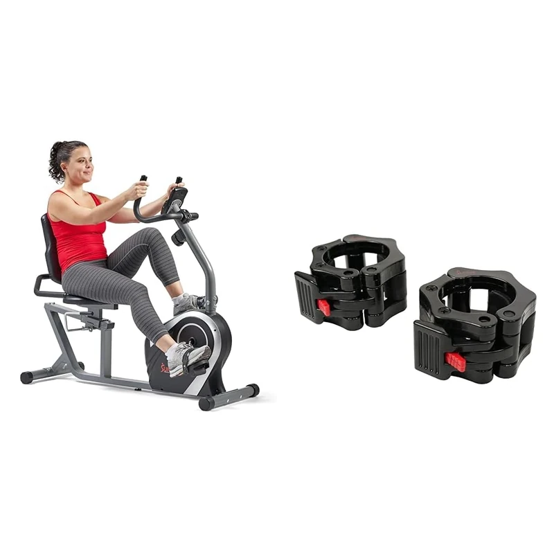 Sunny Health & Fitness Exercise Bikes, Magnetic Recumbent Bike + Locking Collar Clamps with Quick Release for Olympic Barbells for Pro Training