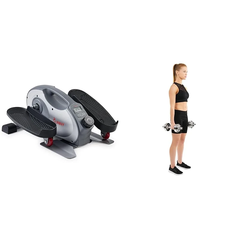 Sunny Health & Fitness Smart Portable Fully Assembled Magnetic Under Desk Elliptical Peddler +Adjustable 15 KG Dumbbell Set w/Carry Case, Space Saver, Secure Quick-Lock, Anti-Slip Steel Handle