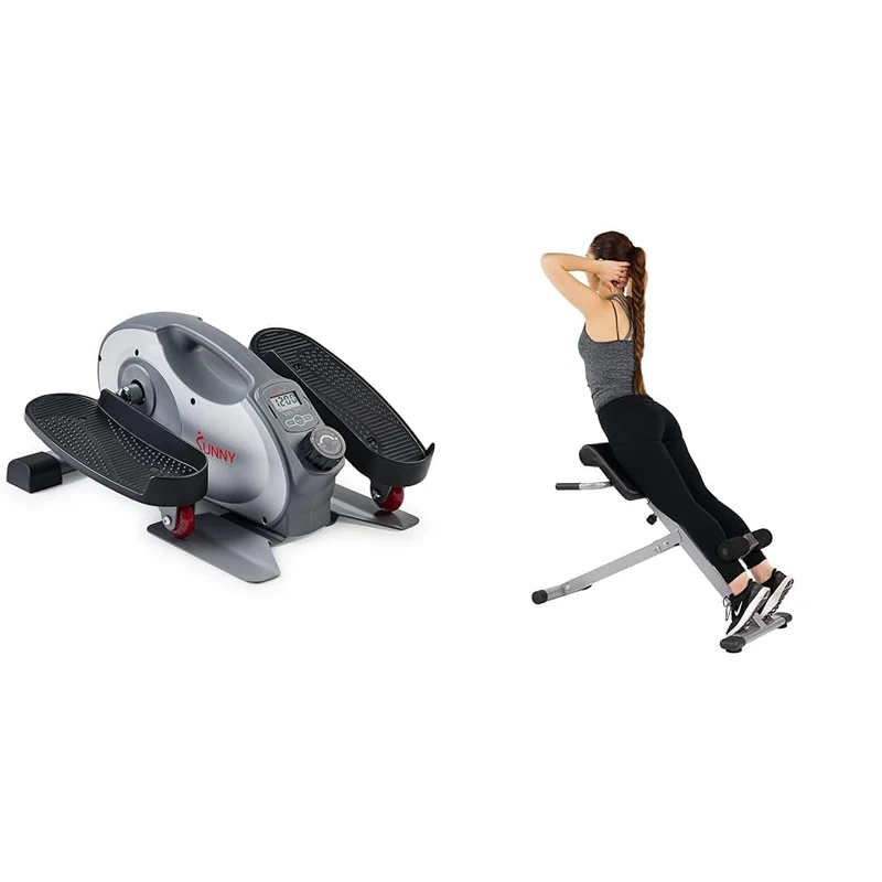 Sunny Health & Fitness Smart Portable Fully Assembled Magnetic Under Desk Elliptical Peddler + 45 Degree Hyperextension Roman Chair, Steel, Grey, One Size SF-BH6629