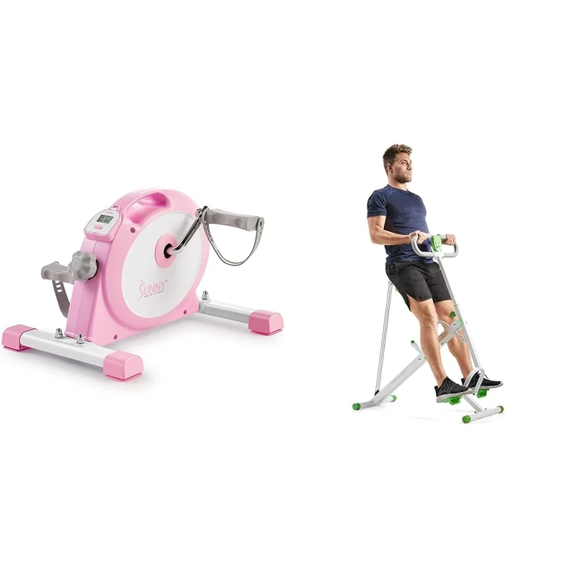 Sunny Health & Fitness Under Desk Smart Mini Pedal Exerciser, Dual Function Exercise Cycle Bike + Row-N-Ride Squat Assist Trainer for Glutes & Full Body Cardio Workout with Adjustable Resistance