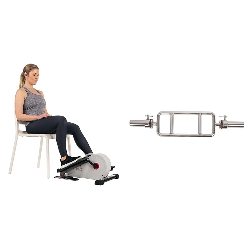 Sunny Health and Fitness Magnetic Under Desk Elliptical Peddler, Portable Mini with Resistance + 86 cm Olympic Triceps Bar with Ring Collars, Olympic Weight for Weightlifting and Bodybuilding