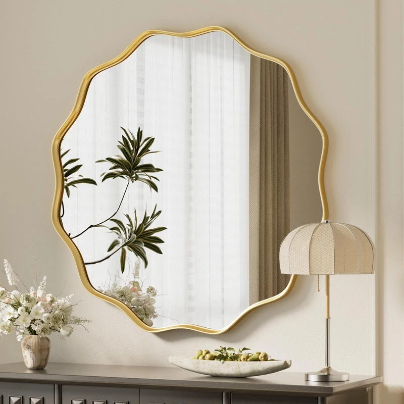 Koonmi Wavy Edge Large Round Mirror, 75cm Wall Mirror with Textured Round Metal Frame, be Hung or Placed against the Wall, suitable for Bathroom, Corridor, Entrance, Living Room, Gold