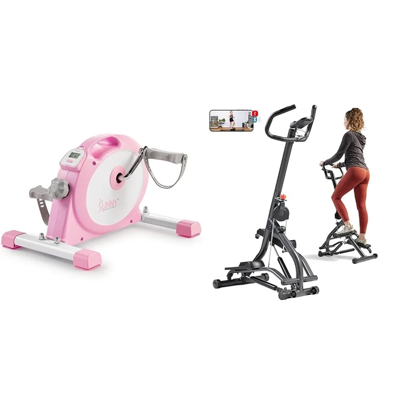 Sunny Health & Fitness Under Desk Smart Mini Pedal Exerciser, Dual Function Exercise Cycle Bike + Stair Stepper w/Handlebar, Extended Step Range Machine for Climbing Exercise, Height-Adjustable