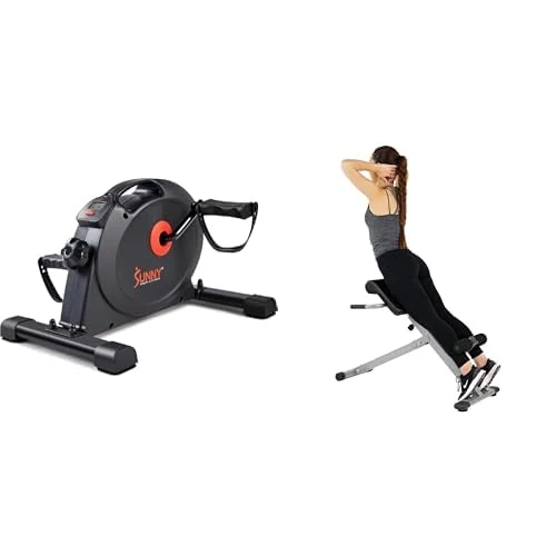 Sunny Health & Fitness Under Desk Dual Function Smart Mini Arm & Leg Pedal Exerciser Cycle Bikes + 45 Degree Hyperextension Roman Chair, Steel, Grey, One Size SF-BH6629