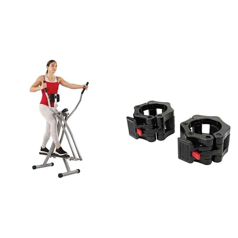 Sunny Health & Fitness Elliptical Cross Trainer w/LCD Monitor, Air Walker Exercise Machines + Locking Collar Clamps with Quick Release for Olympic Barbells for Pro Training