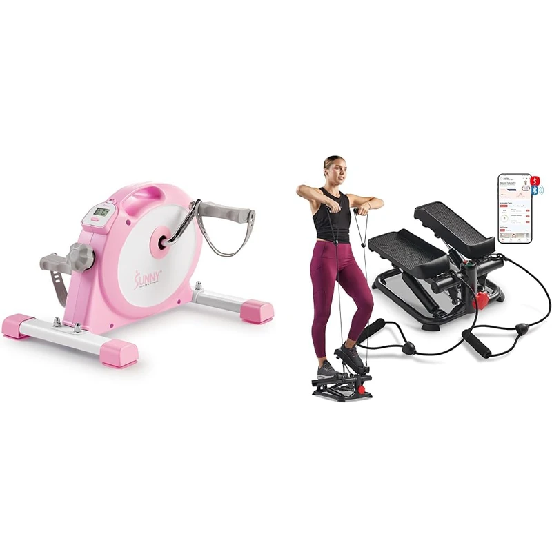 Sunny Health & Fitness Under Desk Smart Mini Pedal Exerciser, Dual Function Exercise Cycle Bike + Total Body Smart 2-in-1 Stepper Machine, Total Body Workout, Adjustable Hydraulic, LCD Monitor