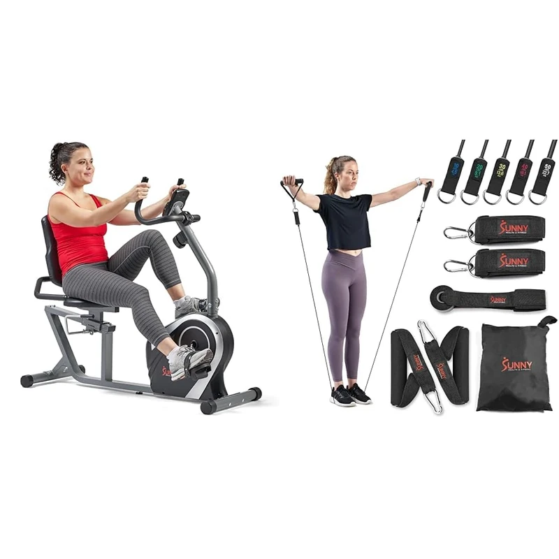 Sunny Health & Fitness Exercise Bikes, Magnetic Recumbent Bike + Premium Resistance Band Set With Door Anchors, Wrist Straps, Handles & Carry Bag