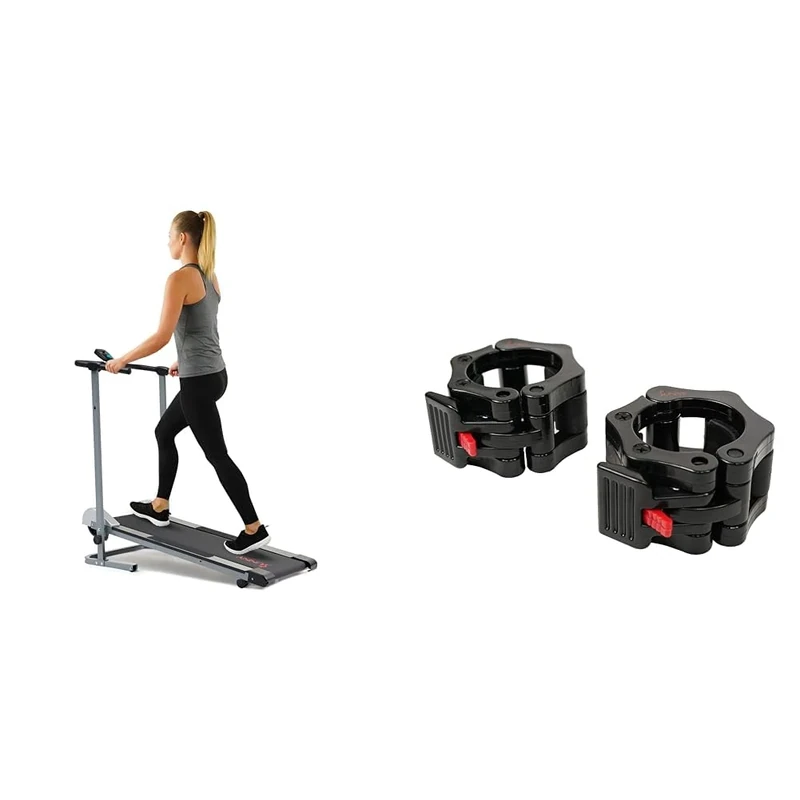 Sunny Health & Fitness Foldable Manual Treadmill, Compact Cardio Fitness + Locking Collar Clamps with Quick Release for Olympic Barbells for Pro Training
