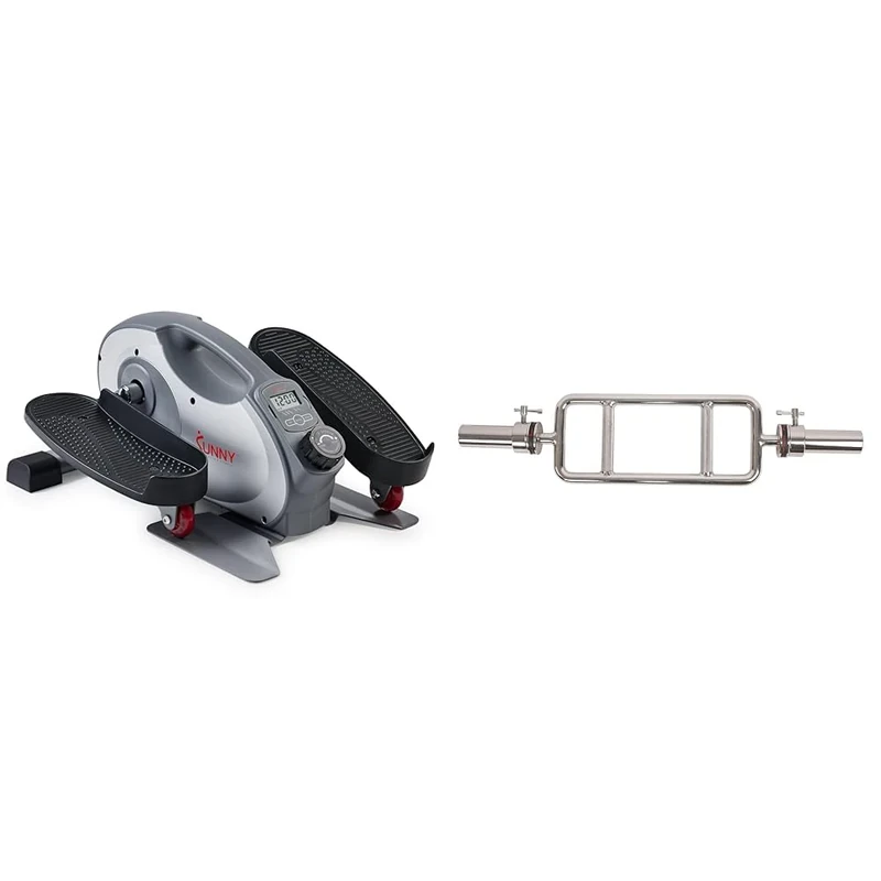 Sunny Health & Fitness Smart Portable Fully Assembled Magnetic Under Desk Elliptical Peddler + 86 cm Olympic Triceps Bar with Ring Collars, Olympic Weight for Weightlifting and Bodybuilding