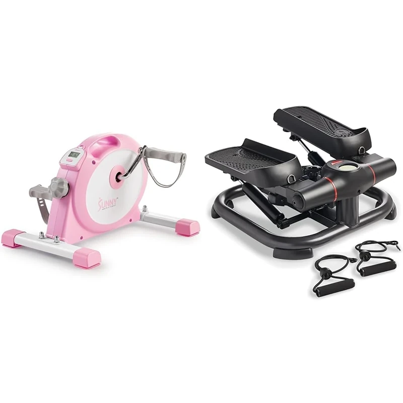 Sunny Health & Fitness Under Desk Smart Mini Pedal Exerciser, Dual Function Exercise Cycle Bike + 2-in-1 Premium Power Stepper W/ Resistance Bands, Low-Impact Cardio, Space-Saving, Adjustable