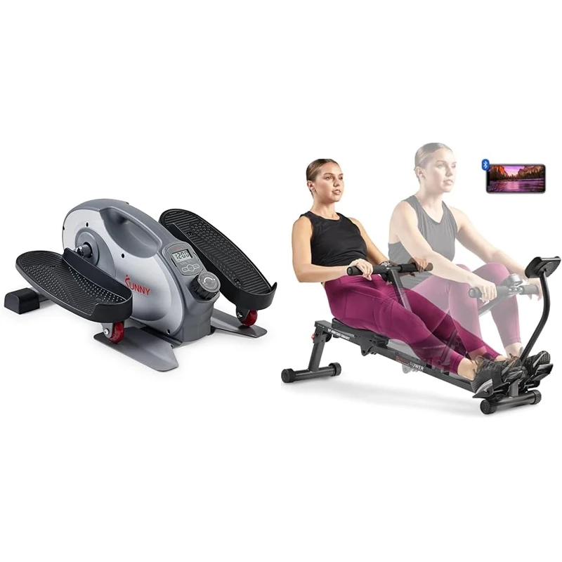 Sunny Health & Fitness Smart Portable Fully Assembled Magnetic Under Desk Elliptical Peddler + Smart Compact Adjustable Rowing Machine, 12 Levels Adjustable Resistance, Complete Body Workout