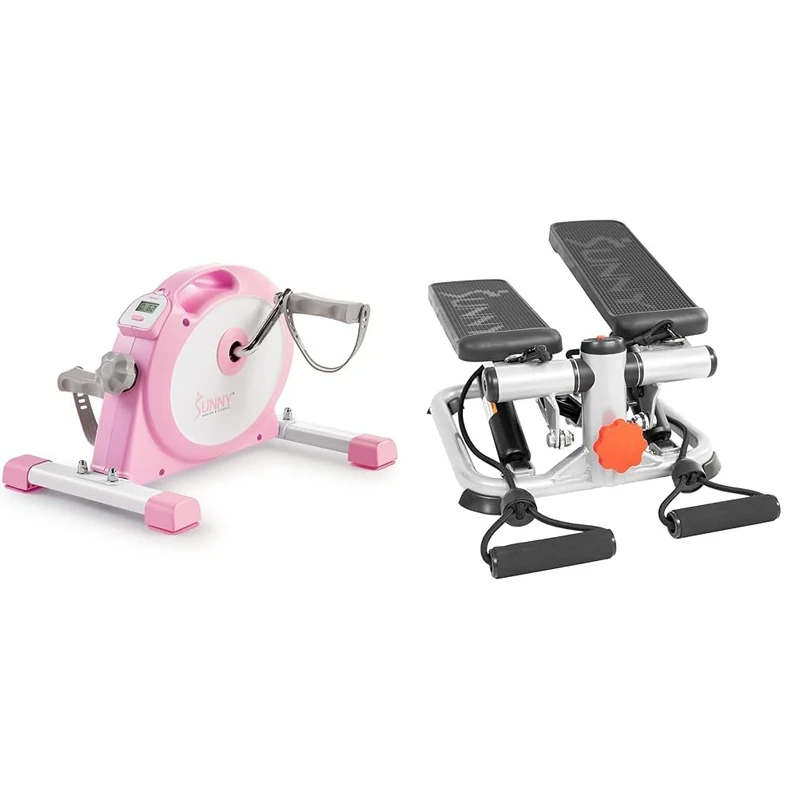 Sunny Health & Fitness Under Desk Smart Mini Pedal Exerciser, Dual Function Exercise Cycle Bike + Advanced Mini Home Steppers, Total Body Workout Stair Machine with Resistance Bands