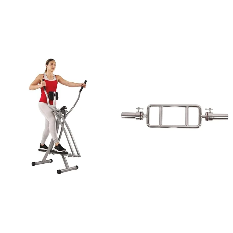 Sunny Health & Fitness Elliptical Cross Trainer w/LCD Monitor, Air Walker Exercise Machines + 86 cm Olympic Triceps Bar with Ring Collars, Olympic Weight for Weightlifting and Bodybuilding