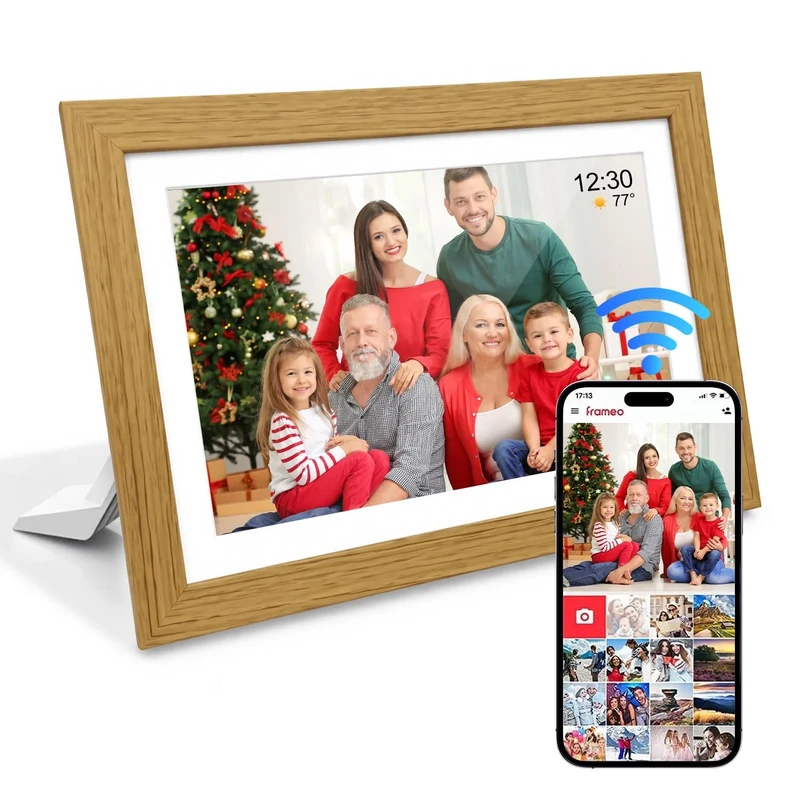 Digital Photo Frame Wifi, 10.1 Inch Oak Wood Picture Frame, 1280x800 HD IPS Touch Screen, 32GB Memory, Auto Rotate, Easy Setup, Share Photos via Frameo APP, Gifts for Grandparents,Women,Men
